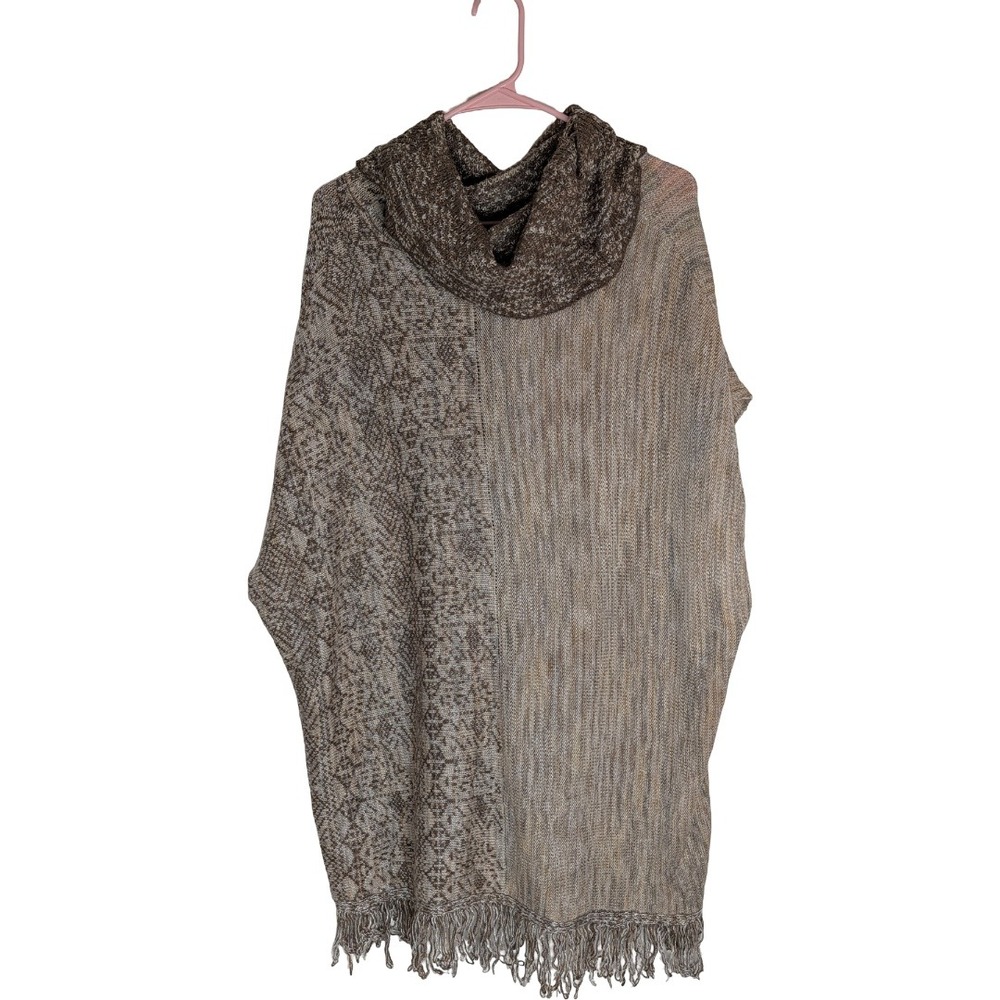 Democracy Poncho Sweater Womens XL Brown Cowl Neck Fringe Hem Mixed Knit Boho AA